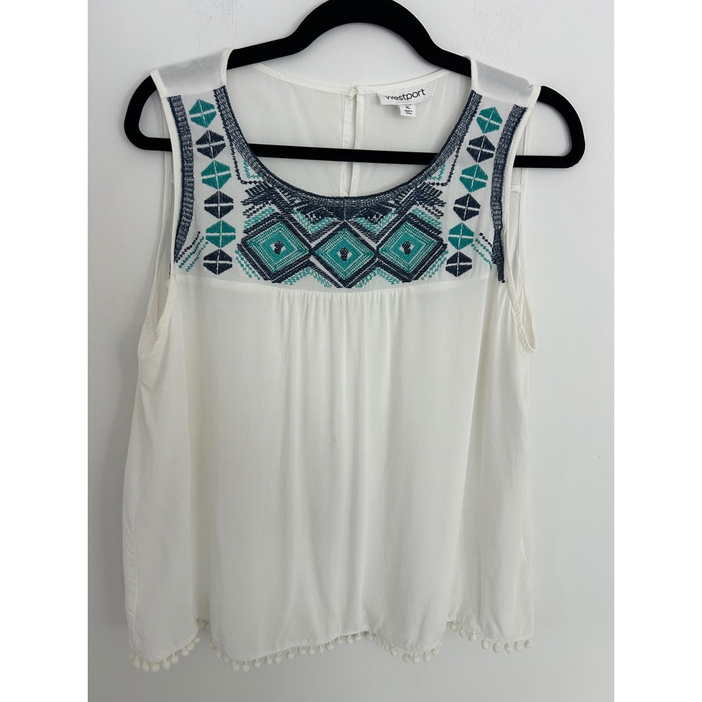 Westport Womens Petite XL White Embroidered Sleeveless Pom Pom Hem Rayon Top